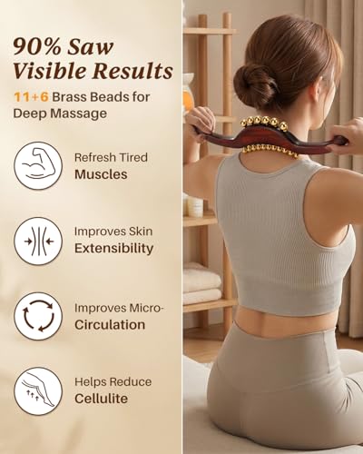 ONUEMP Sandalwood Gua Sha Muscle Knot Scraper with 17 Fascia Brass Beads - size: Sandalwood&Brass