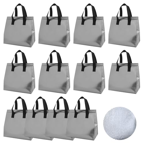12Pcs Insulated Lunch Bag Disposable Cooler Bag Thermal Grocery Take Away Bags for Food Delivery Party Drink Picnic Holiday, Silver - color: Silver, size: 9.45"(H) x 9.45"(L) x 5.91"(W)
