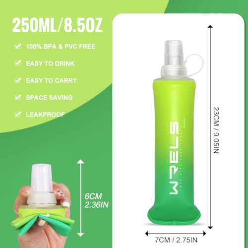 WRELS TPU Soft Flask Lightweight Portable Reusable Water Bottle,BPA Free Collapsible Flask for Hydration Pack in Running Hiking Cycling and Marathon - color: Green-250ML*2