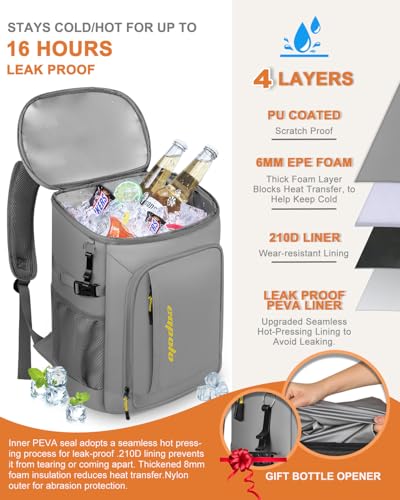 Capolo Cooler Backpack Insulated Leak Proof for Women Men Soft Cooler Bag - color: Leather Gray With Yellow, size: 36 Cans
