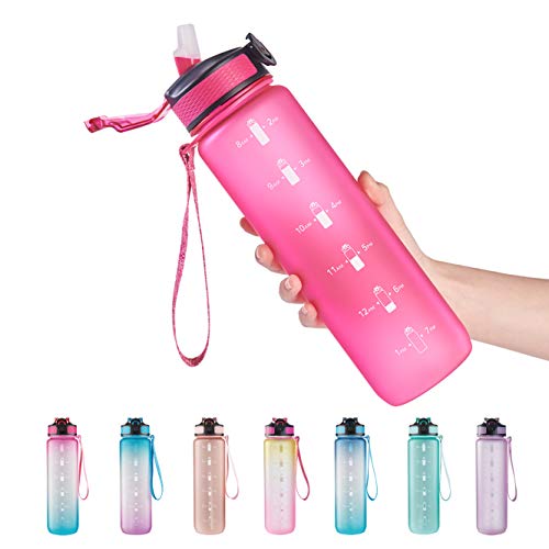 EYQ 32oz Water Bottle with Straw, Sports Bottle with Time Marker - color: R