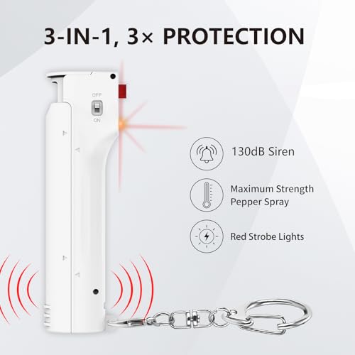 Personal Safety Alarm and Pepper Spray Combo for Women self Defense - Max Strength Pepper Gel & 130 dB Siren & Strobe Lights, Flip-top Safety Cap & UV Marking, Spray Canister Replaceable (White) - color: White