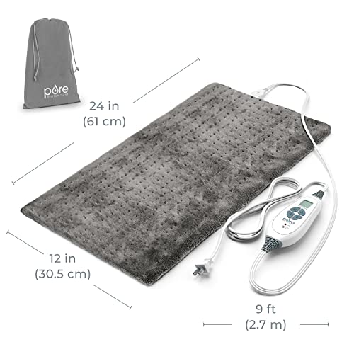 Pure Enrichment® PureRelief® XL Heating Pad - 12" x 24" Electric Heating Pad for Back Pain & Cramps, 6 Heat Settings, Soft Machine Wash Fabric, Auto-Off & Moist Heat (Charcoal Gray) - color: Gray