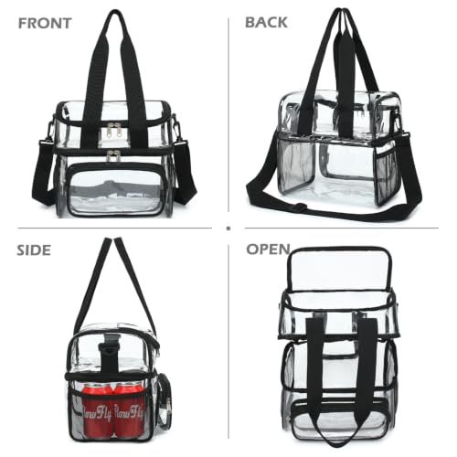 FlowFly Double Layer Cooler Insulated Lunch Bag Adult Lunch Box Large Tote Bag for Men, Women, With Adjustable Strap,Front Pocket and Dual Large Mesh Side Pockets - color: Clear#Black