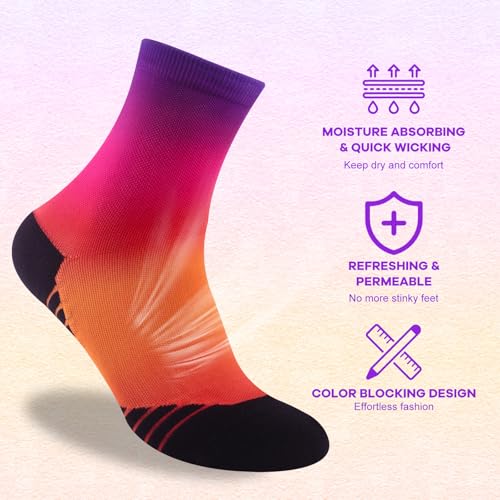 NIcool Cycling Socks For Men, 1/3 Pairs Bright Seamless Compression Running Crew Socks Youth Cushioned Tennis Quarter Socks - color: 1 Pair Blue Gradient; 1 Pair Purple Gradient;1 Pair Bright Pink Gradient