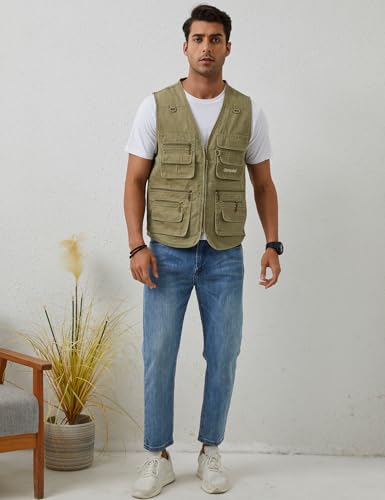Gihuo Men's Fishing Vest Utility Safari Cargo Fly Vest with Multi Pockets - color: Beige, size: XX-Large