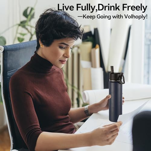 Volhoply 24oz Insulated Water Bottle with Straw Lid, Navy, 1-Pack - color: Navy