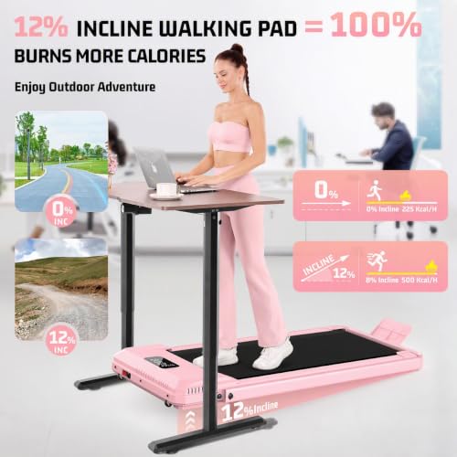 FUNMILY Upgrade Walking Pad Folding Treadmill with 12%/15% Incline & Handle Bar, 3.5HP Foldable Under Desk Compact Treadmills for Home/Office/Gym, 400+lb Capacity, Shock Absorption - color: Best Baby Pink T