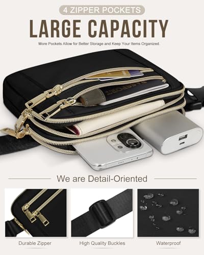 Capolo Fanny Packs for Women 4 Zip Pocket Crossbody Belt Bag Waist Bags - color: Black, size: Medium