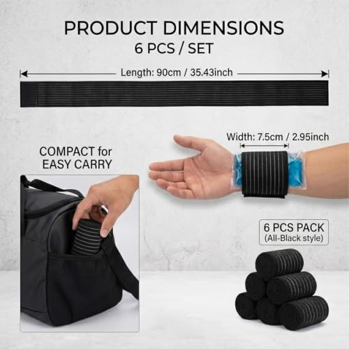 6 Pack Ice Pack Extension Straps - 35"x3" Elastic Wrap for Hot & Cold Packs - color: Black