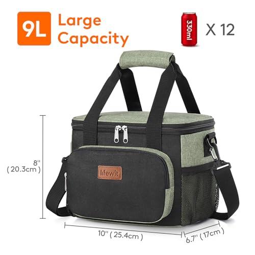 Lifewit Medium Lunch Bag, Insulated Lunch Box, Soft Cooler Cooling Tote for Adult Men Women, Black and Green 12-Can (9L) - color: Black/Green, size: Medium(9L)