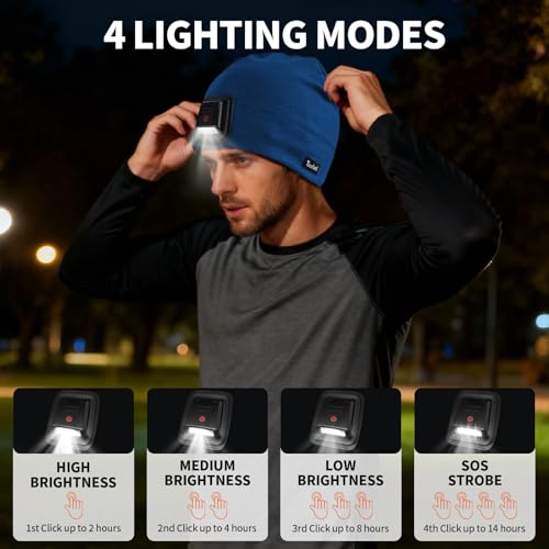 Taximi Led Beanie with Light, USB Rechargeable Headlamp Beanie, Fleece Flashlight Hat for Running, Gift for Men Dad Husband - color: Blue