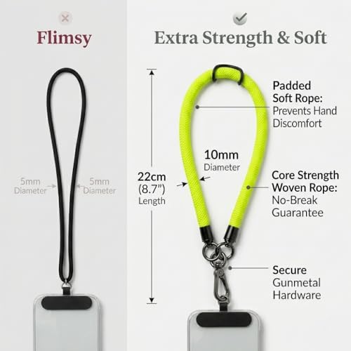 Phone Lanyard Wrist Strap Soft Rope Phone Strap Wrist Lanyard Heavy Duty - color: Fluorescent Yellow