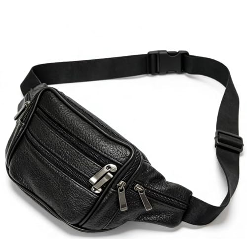 Genuine Cowhide Leather Fanny Pack, Separate Storage 7 Pockets Waist Pack - color: black