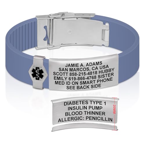 Divoti Custom Dual-Sided Engraved Silicone Medical Alert ID Wristband w/Security Clasp & Trim-to-Fit Band - Style - color: Carmella Blue / Brushed Stainless Silver / Black, size: Band Width - 19mm