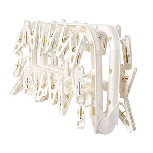 Foshine Foldable Clothes Drying Rack with 32 Drying Clips Wind-Proof Hook - color: White