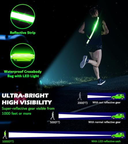 Ylzzrs LED Belt Reflective Sash for Walking at Night,High Visibility Adjustable Night Running Safety Gear,Light Up Running Belt Reflective Gear with Phone Bag/Armband for Runners Walkers Men Women - color: Green