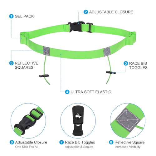 PATIKIL Elastic Triathlon Running Belt, 2 Pack Adjustable Race Number Belt Race Belt Bib Holder with 6 Energy Gel Loops for Marathons Racing Cycling, Green - color: Green
