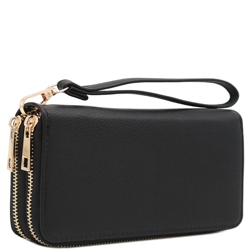 FashionPuzzle Double Zip Around PU Leather Wristlet Cell Phone Wallet - color: Black