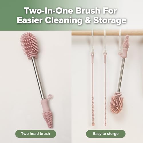Haakaa Silicone Cleaning Brush Kit,Pink,Portable Bottle Brush Cleaner - color: Pink, size: 3 Piece Set