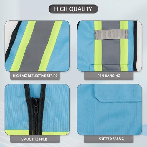 High Visibility Reflective Safety Vest with Zipper and Pockets Sky Blue,M - color: Sky Blue, size: Medium