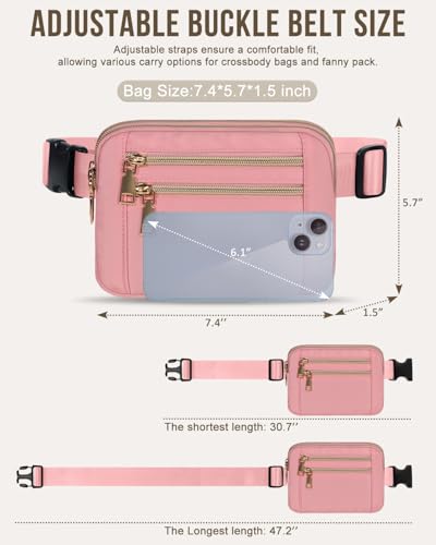 Capolo Fanny Packs for Women 4 Zip Pocket Crossbody Belt Bag Waist Bags - color: Pink, size: Medium