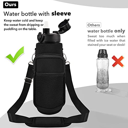 32 oz Water Bottles with Strap & Straw, Sport Motivational Water Bottles - color: Dark Black