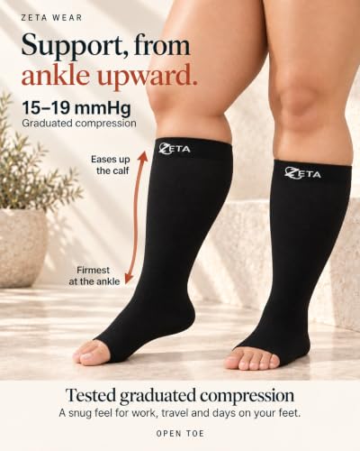 Zeta Wear Plus Size Compression Socks for Women and Men, Wide Calf Knee-High 15-19 mmHg Graduated Support, Easy-On Cuff, Fits Calves to 26 inch / 66 cm - color: 3 Pair - Black/Blue/Gray, size: 3XL