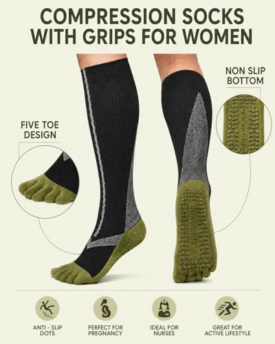 Compression Socks with Grips for Women Toe Pilates Socks Grippy Socks Woman Hospital Non Slip for Pregnancy Nurse - color: A03-Five Toe-Black/Coffee