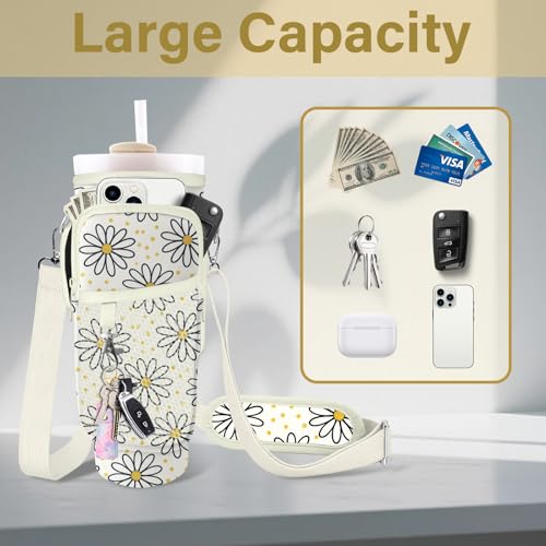 Water Bottle Carrier Bag for Stanley Cup 40/30oz, Neoprene Water Bottle Holder Pouch with 3 Pocket Adjustable Shoulder & Hand Strap - color: Daisy Polka Dots