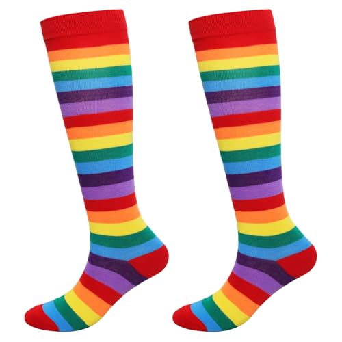 Gvhntk Knee High Striped Socks Long Thin Tube Sports Compression Socks Casual Stripe Tube Stockings for Running - color: Rainbow