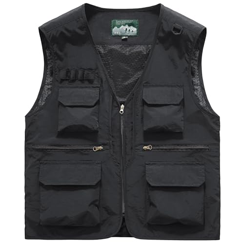 Men's Utility Fishing Cargo Vest Outdoor Lightweight Safari Travel Photo Vest Hiking Waistcoat With Multi Pockets - color: Black, size: Medium