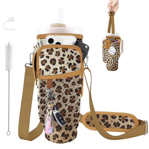 Water Bottle Carrier Bag for Stanley Cup 40/30oz, Neoprene Water Bottle Holder Pouch with 3 Pocket Adjustable Shoulder & Hand Strap - color: Ombre Brown Leopard