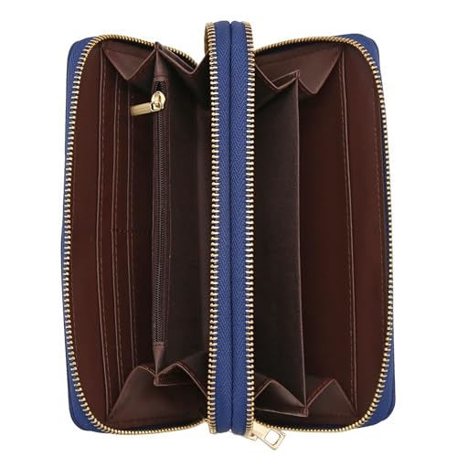 FashionPuzzle Double Zip Around PU Leather Wristlet Cell Phone Wallet - color: Navy