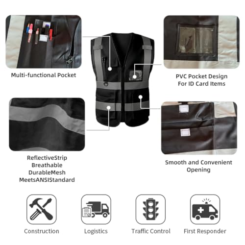 Safety Vest High Visibility Reflective Construction Vest - color: Black, size: 4X-Large
