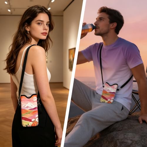 GLOBLELAND Sunset Valley Cell Phone Sleeve Pouch Case Bag 7.1×3.9 inch Moutain Flowers Shockproof Universal Phone Bag with Crossbody Strap Neck Lanyard for Women Men Phone Headphones Watch - color: Sunset Valley