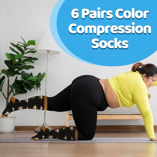 Jspupifip 6 Pairs Plus Size Compression Socks for Women, Wide Calf - color: Pink, Purple, White, Blue, Black, size: XX-Large