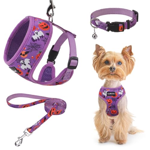 SCENEREAL Halloween Small Dog Harness and Leash Set - color: Purple-Halloween, size: S: Chest Girth: 14"-18"
