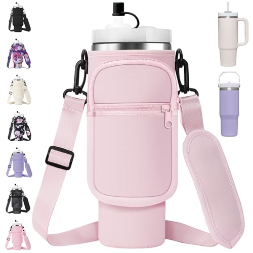 AceTreker Water Bottle Carrier Bag with Strap for Stanley 40/30 oz Tumbler Neoprene Insulated Cup Holder Sleeve with Phone Pocket & Straw Cover for Stanley Cup Accessories - color: 01-Classic Light Pink, style: 40 Oz