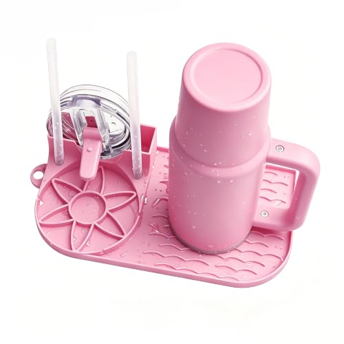 Bottle Drying Rack for Stanley, Water Bottle Drain Pad for Owala Thermos Cups, Space Saving Drainer Stand Mat, Silicone Kitchen Counter Racks, Small Tumbler Drainer (Peony Pink) - color: Pink
