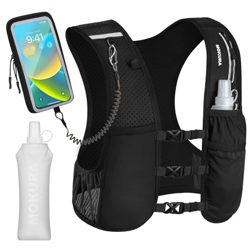 MOKURA Running Vest for Women Men with 500ML Soft Flask & Phone Holder - color: Black, size: Medium
