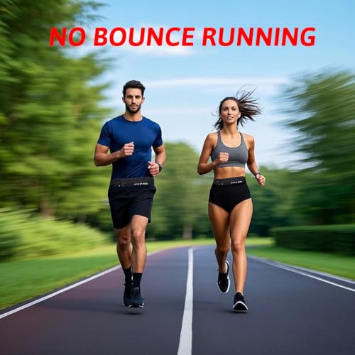 USHAKE Slim Running Belt Women Men, Bounce Free Fanny Pack Phone Holder - color: Black
