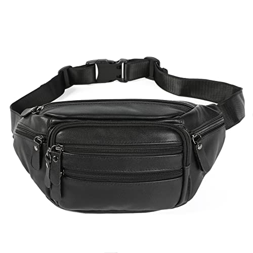 Black Leather Fanny Pack for Men & Women, Fashionable Multi-Pockets Waist Belt Bag for Travel Sports Hiking Cycling Fishing Running - color: 810#black