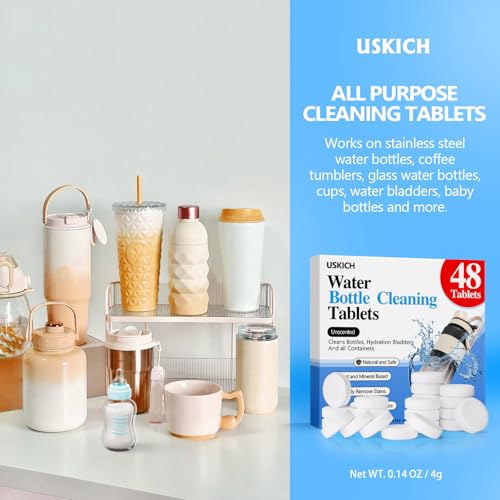 USKICH 48 Pack Water Bottle Cleaning Tablets,Water Bottle Cleaner Great for Stainless Steel, Thermos, Tumbler, Insulated and Reusable Water Bottles,Removes Stubborn Stains and Odors - size: 1 Count (Pack of 48)