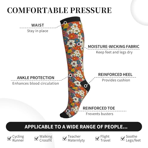 Compression Socks Knee High Circulation Support Socks For Women Men Athletic Running Hiking Travel - color: Retro Flowers