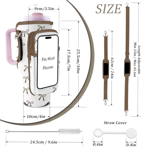 Water Bottle Carrier Bag for Stanley 40/30oz Cup Tumbler with Phone Pocket,Insulated Crossbody Water Bottle Holder with Adjustable Strap,Water Bottle Sling Pouch for Hiking Walking Camping Accessories - color: Brown Bow Tie
