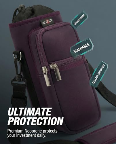 AUPET Water Bottle Sling Bag Sleeve Holder Carrier 25/32/40/64 oz,Insulated Crossbody Water Bottle Case Cover with Strap and Pockets for Men/Women Walking Hiking - color: Dark Cherry Brown, size: 64oz