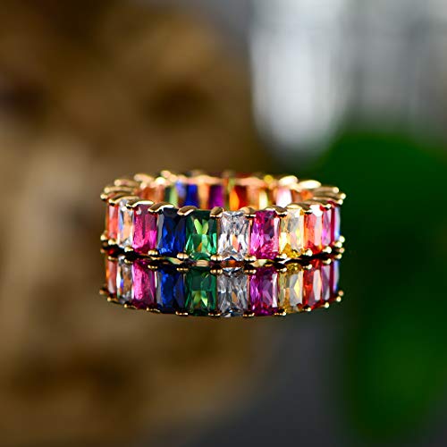 Barzel Eternity Rainbow Ring Wedding Band for Women | 18K Gold Plated Emerald-Cut Rainbow Multi Color Created-Gemstone Eternity Ring - color: Gold