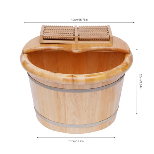 Wooden Foot Bath Bucket Foot Soaking Bath Basin with Lid Wood Footbath Barrel with Massage Roller Pedicure Barrel for Spa, Massage, Sauna 12.2 * 9.84in (Log Color) - color: Log Color