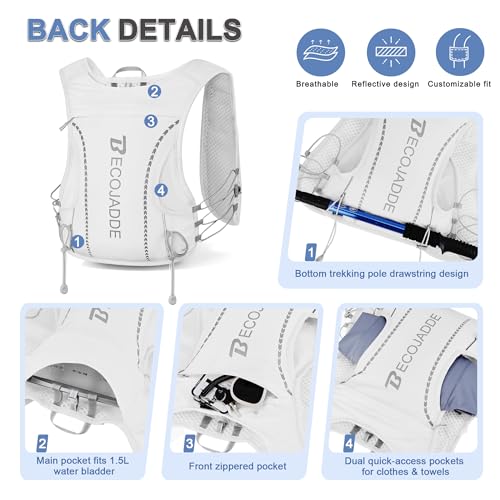 BECOJADDE 5L Running Vest for Women, Hydration Backpack Lightweight & Breathable for Trail Running, Marathon, Hiking, Cycling - color: White